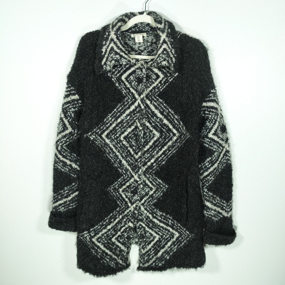 Artisan NY Black White Geometric Wool Alpaca Cardigan S Boho Southwestern